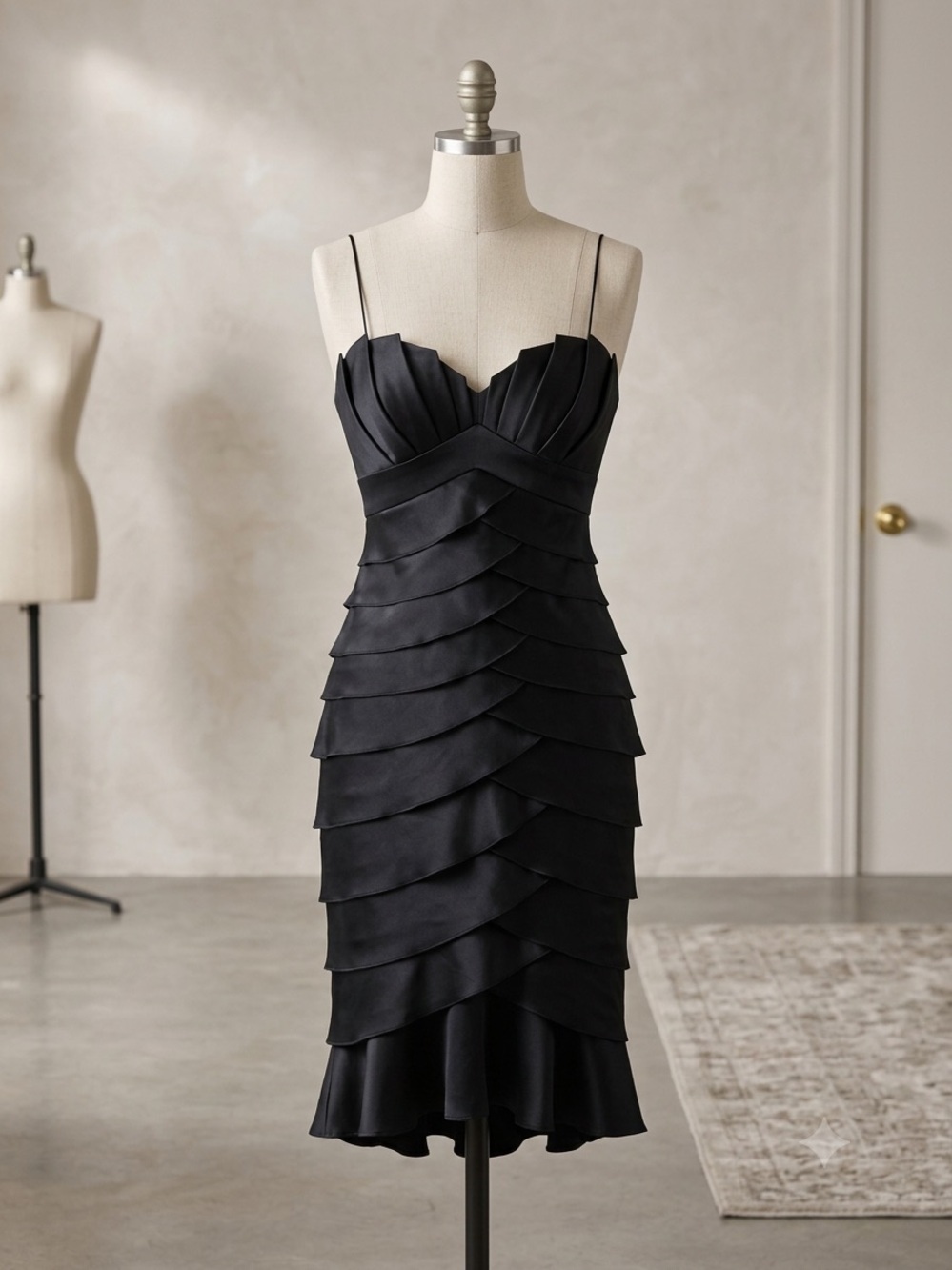 Aidan Mattox Black Tiered Sweetheart Midi Dress